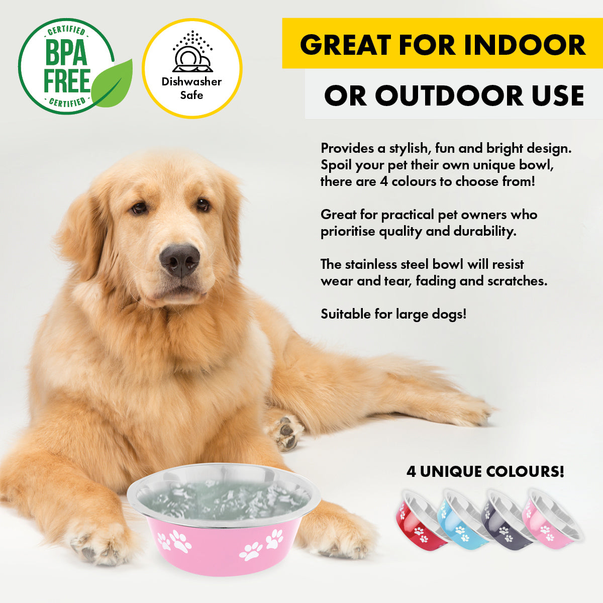 Pet Basic 12PCE Pet Bowl 25cm Stainless Steel Coloured With Paw Prints 2500ml