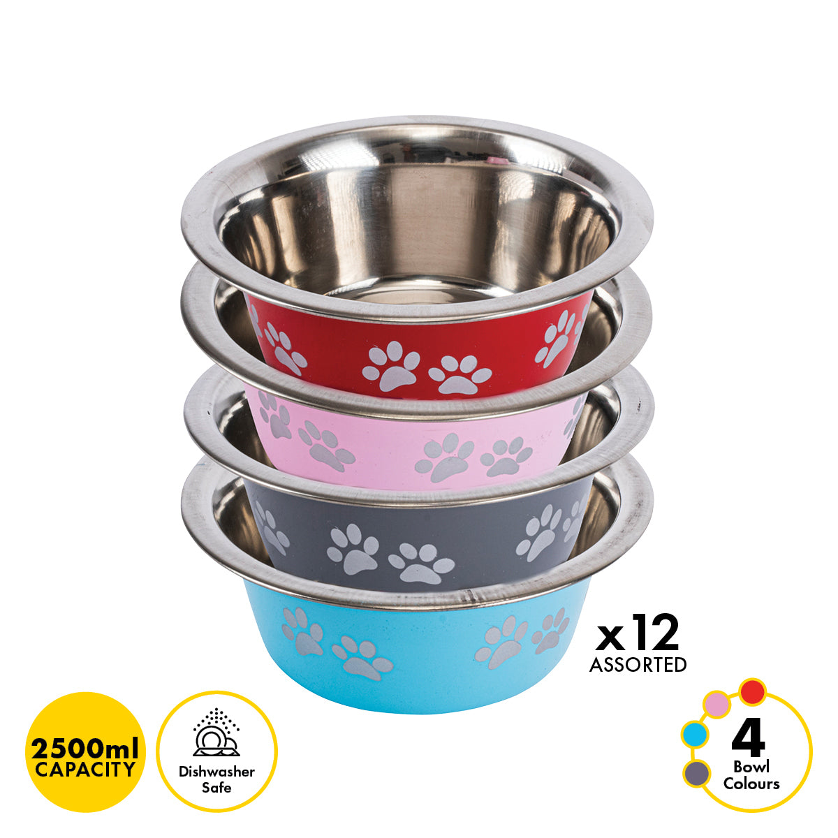 Pet Basic 12PCE Pet Bowl 25cm Stainless Steel Coloured With Paw Prints 2500ml