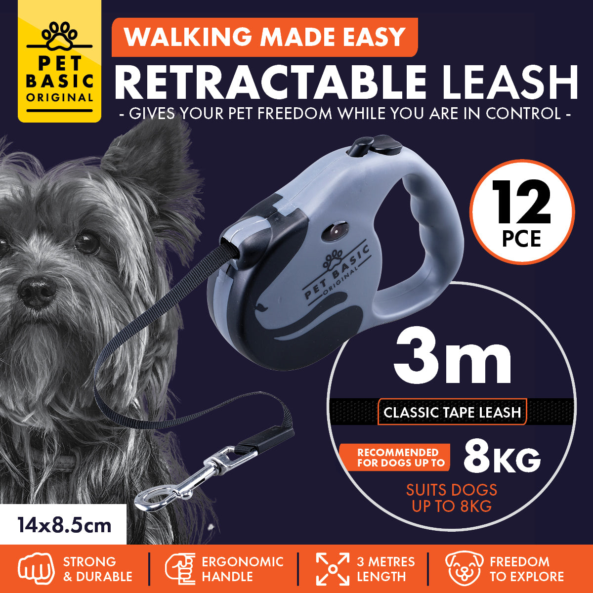 Pet Basic 12PCE 3m Retractable Leash Sturdy Lock Safety System Up To 8kg Dogs